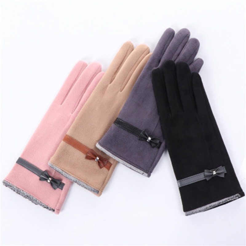 

Autumn winter touch screen ladies suede gloves exquisite leather bow haired mouth warm plus velvet driving gloves D79