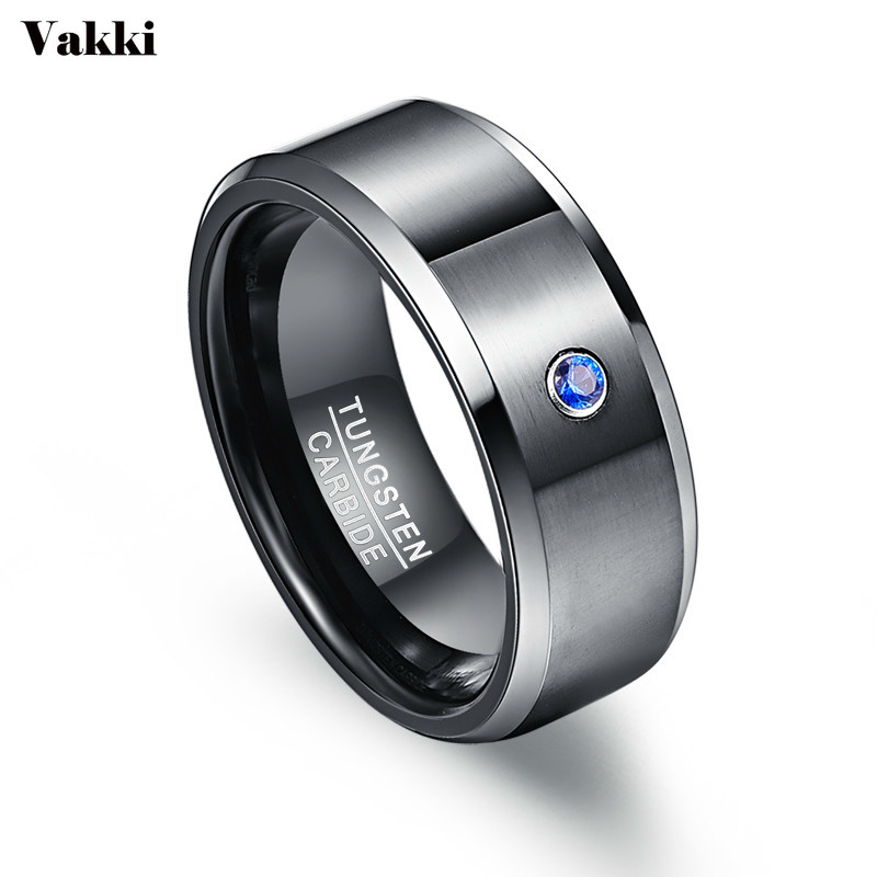 

VAKKI Men's 8mm Tungsten Carbide Rings Black Brushed Blue Cubic Zirconia Tungsten Wedding Band Rings Polished Beveled Size 7-12