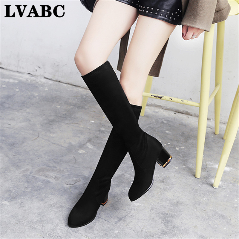 

2020 Fashion Zipper Knee High Boots Women Suede Thick High Heels Long Boots Autumn Winter Woman Shoes Size 34-43, Black