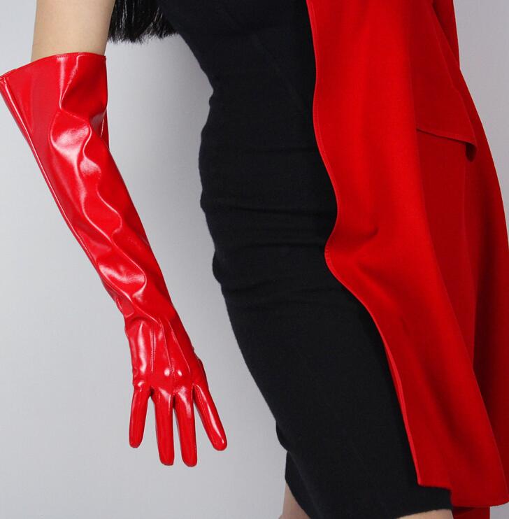 

Women's faux pu leather wide sleeve long gloves female patent red color leather gloves 50cm R1559