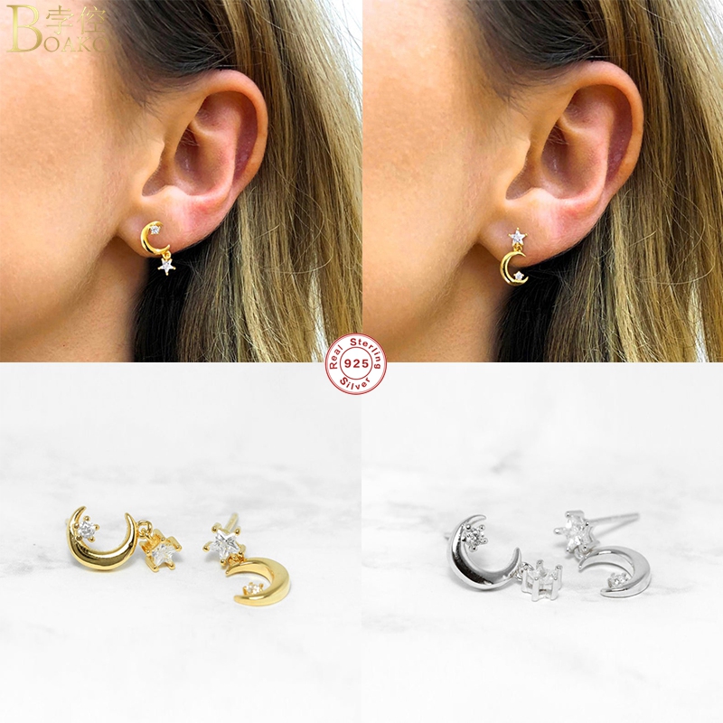 

BOAKO Cute Bling INS Moon Ziron 925 Sterling Silver Stud Earrings For Anniversary Engagement Romantic Mujer Pendientes Gifts
