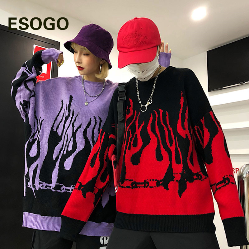 

Red Flame Print Streetwear Woman Sweaters Purple Loose Oversize O Neck Female Tops Casual Hip Hop Elastic Autumn Winter Clothes