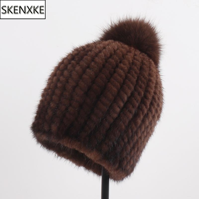 

Winter Women Natural Hat Hand Knitted Warm 100% Genuine Cap Russia Lady Real And Fur Pompoms Hats, Black