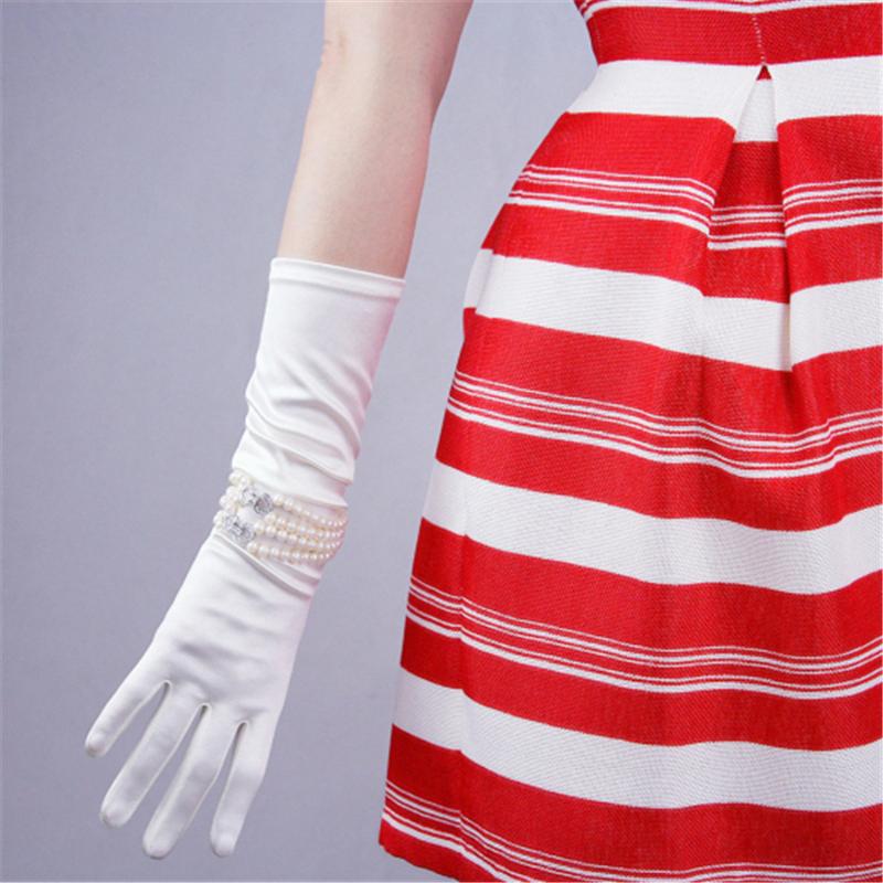 

Silk Gloves 38cm Elastic Silk Satin White Beige Pearl Long Female Sunscreen Gloves SCM38