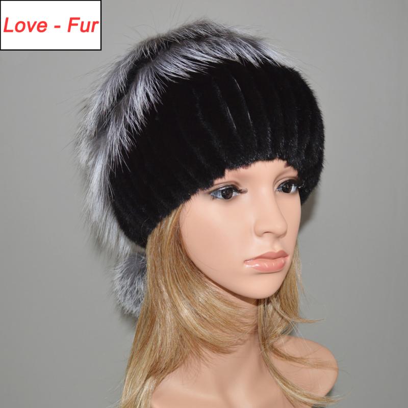 

2020 Hot Fashion Winter Warm Women Knitted Real Caps Natural Real Hats Genuine Sliver Fur Beanies Hat, Black
