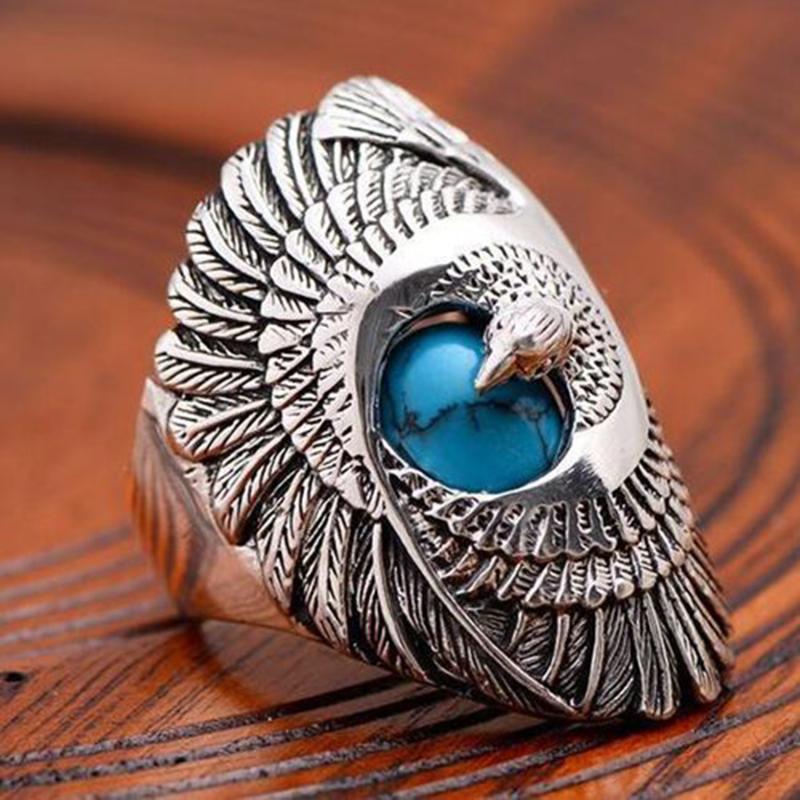

European men's vintage silver color men ring stone personality design eagle embrace blue color stone S5M135