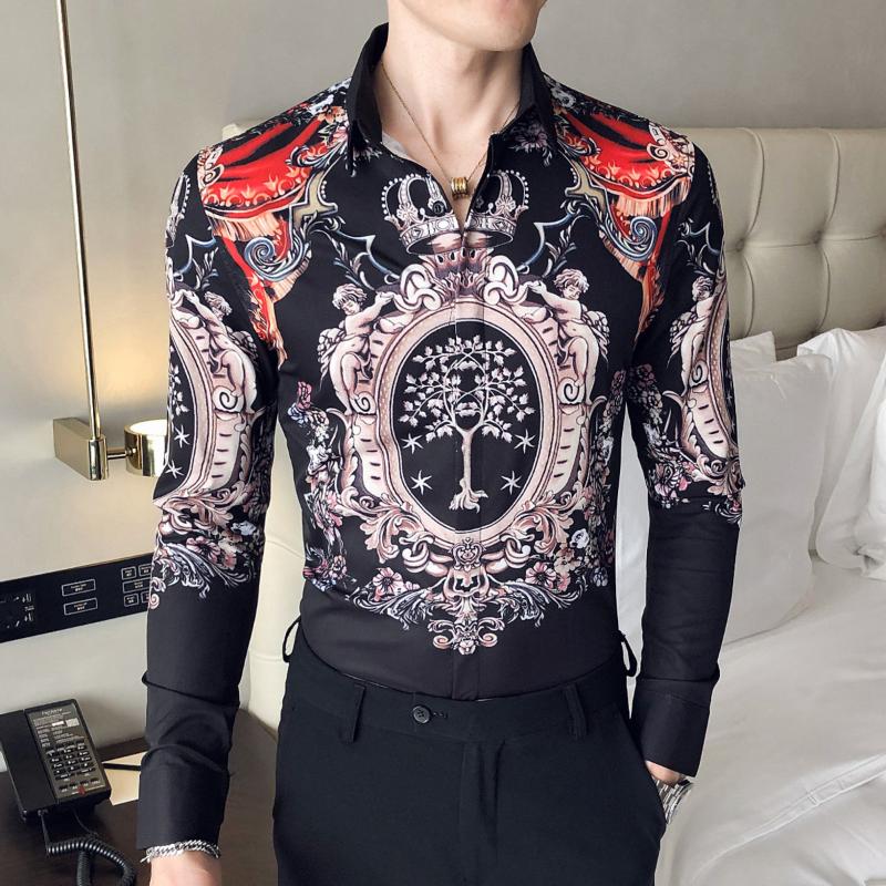 

Luxury Vintage Baroque Pattern Shirt Men Slim Fit Long Sleeve Clothing Chemise Fashion Party Prom Stagewear Flower Shirt Men, Black
