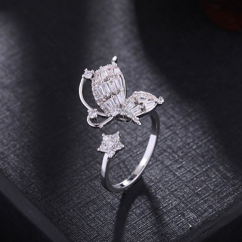 

Luxury Female White Crystal Adjustable Ring Cute Gold Silver Color Wedding Rings For Women Simple Butterfly Star Engagement Ring