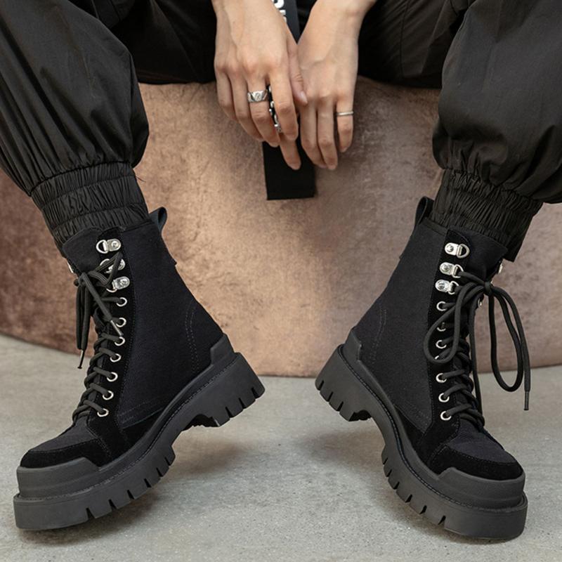 

RIBETRINI fashion female lace up punk platform ankle boots chunky motocycle boots women patchwork autumn winter shoes woman, Black