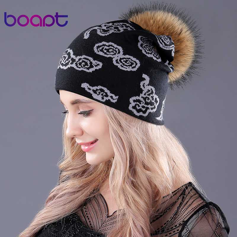

boapt] knitted caps cloud printing natural raccoon fur pompon casual cashmere female winter women's hats skullies beanies hat, 3h202 grey