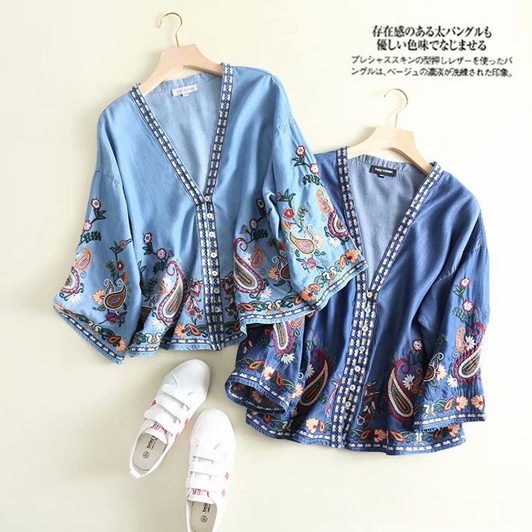 

SF1011-0511-2020 new Europe and the United States women's v-neck color cashew embroidery tencel denim shirt, See chart