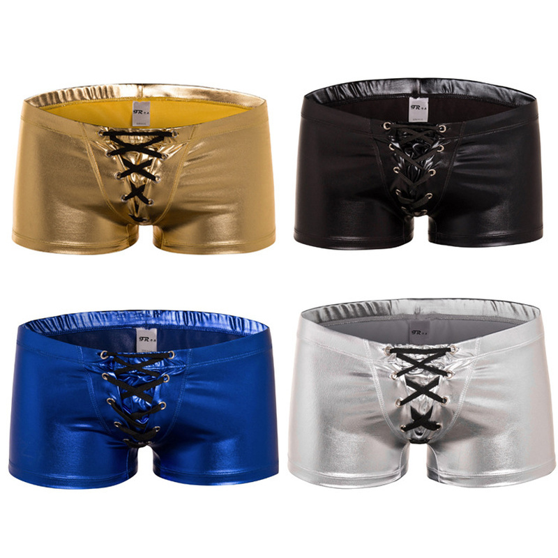 

Men Boxer Shorts PU Leather Lace Up Bandage Sexy Underwears Shiny Sheath Lingerie Clubwear Dance Trunks Gay Panties Masculina, Black