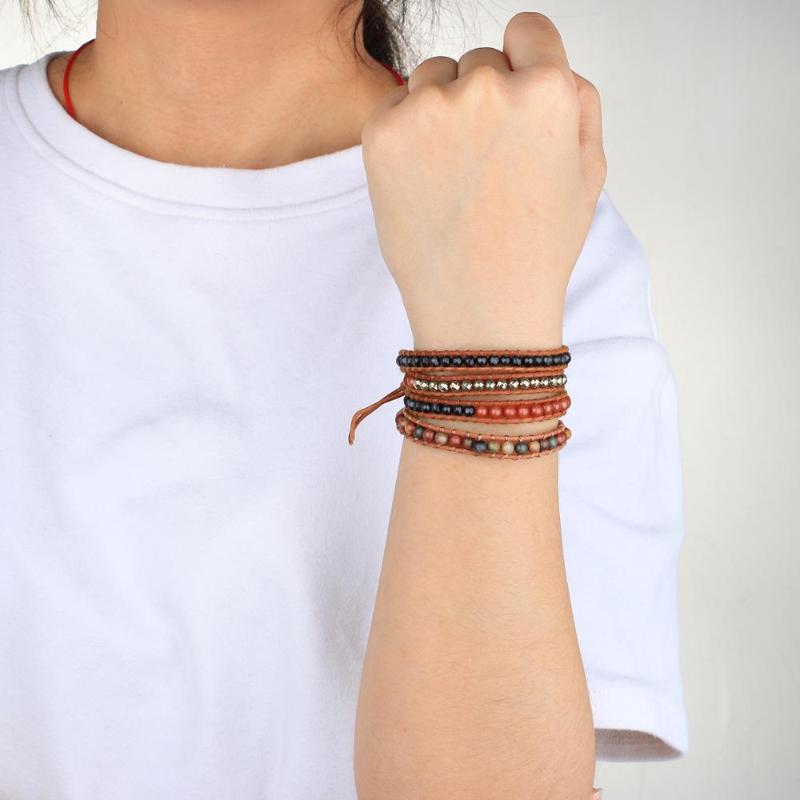 

KELITCH Retro Fashion Braided Wrap Wristband Handmade Boho MultiLayer Stone Beaded Cuff Bangles Chain for Couple Jewelry