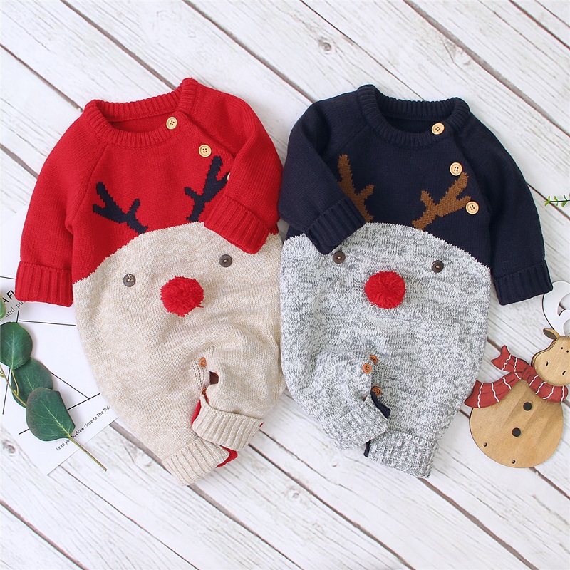 

Christmas deer Baby Rompers Knitted Infantil boys Jumpsuits Toddler Girls New Year's Costume Children Warm Wool Clothes 0-18M, As picture