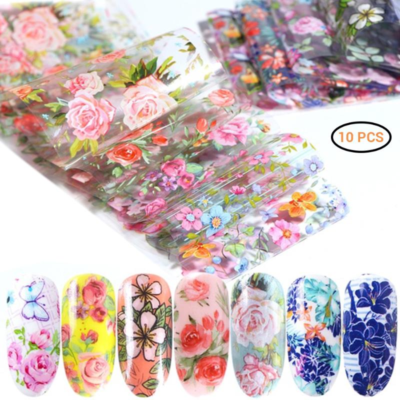 

Colorful Flowers Stickers On Nails Foil Transfer Starry Sky Summer Sliders For Manicure Nail Art Decals Decoration, 10pcs