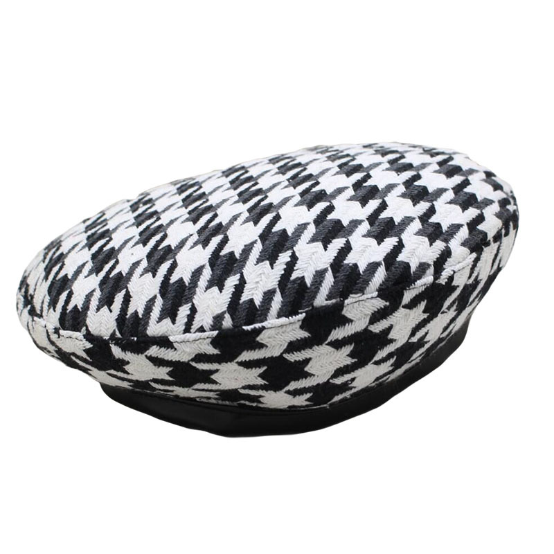 

Berets Autumn Winter Plaid Beret Hats For Women French Fashion Female Houndstooth Black With Adjustable Rope