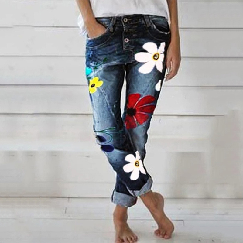 

Casual Printed Women Denim Pants 2020 Spring Mid-Waist Long Trousers Fashion Ladies Blue Skinny Jeans Casual Pencil Pants, Black