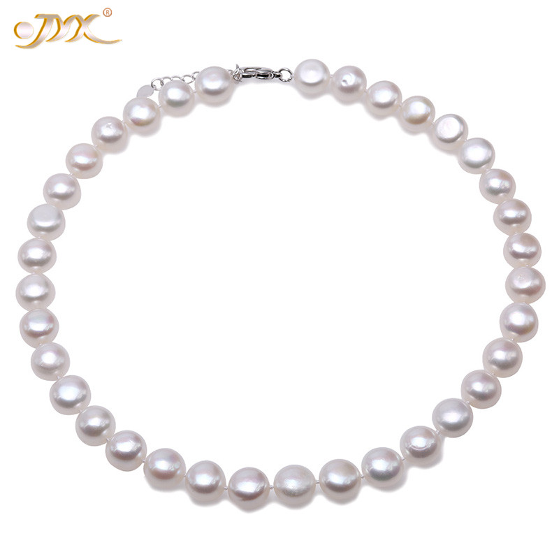 

JYX Genuine White Natural Pearl Necklace high luster 11.5mm flat round cultured Freshwater Necklace women Jewelry 17