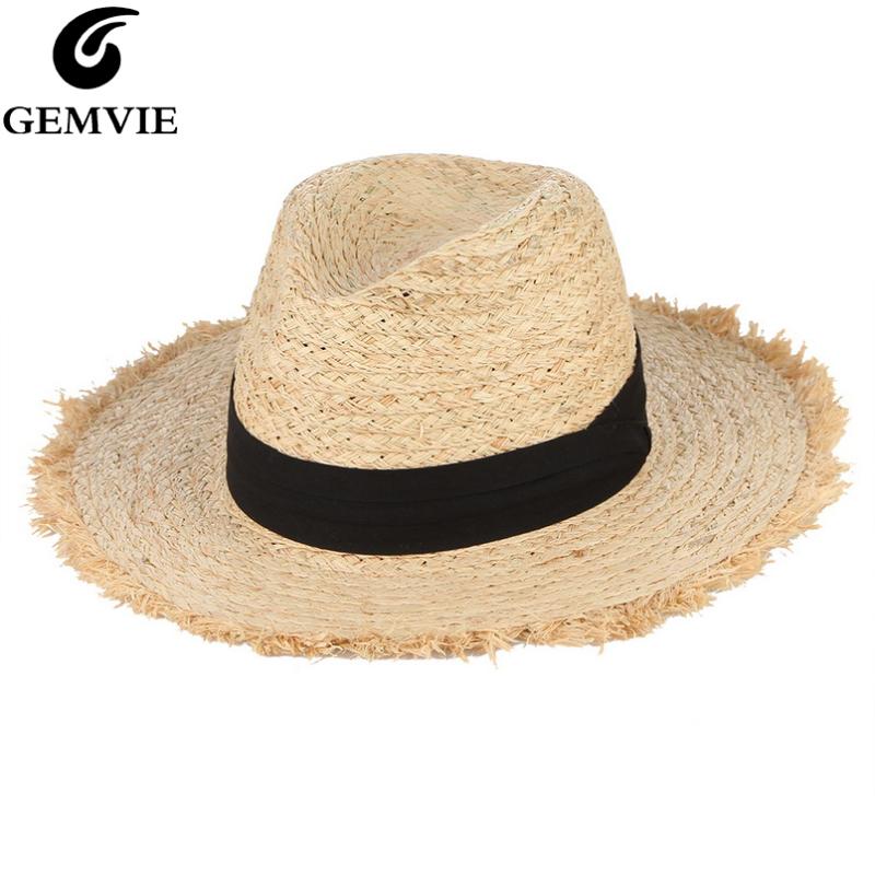 

GEMVIE Summer Hats For Women Fringe Tassel Raffia Straw Hat With Black Ribbon Foldable Large Brim Sun Hat Men Beach Cap Panama, Tan