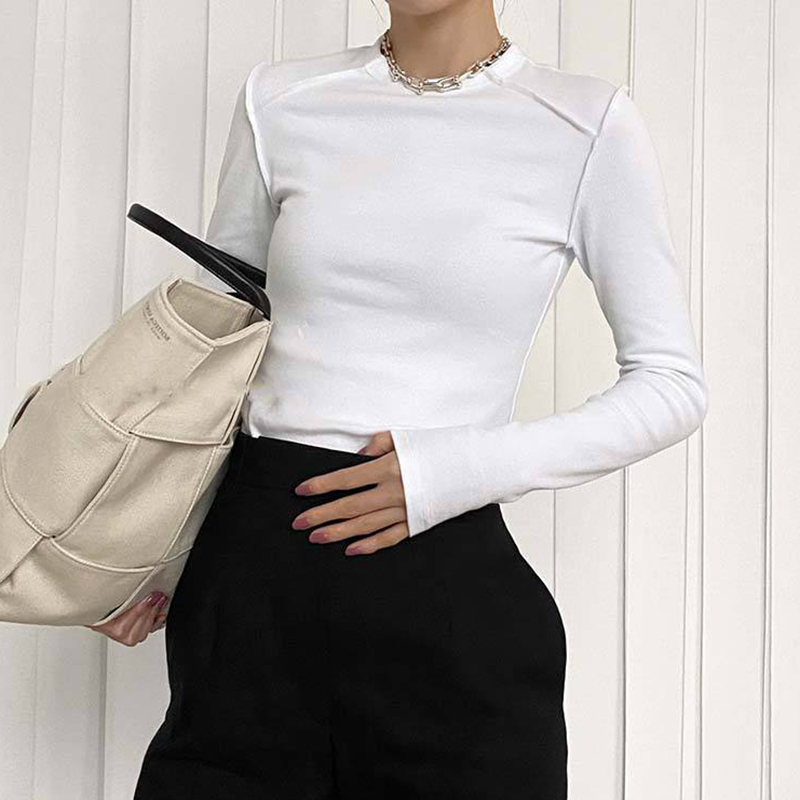 

Slim White Tops For Women O Neck Long Sleeve Elastic Solid Minimalist T Shirt Female 2020 Autumn Fashion New Tide