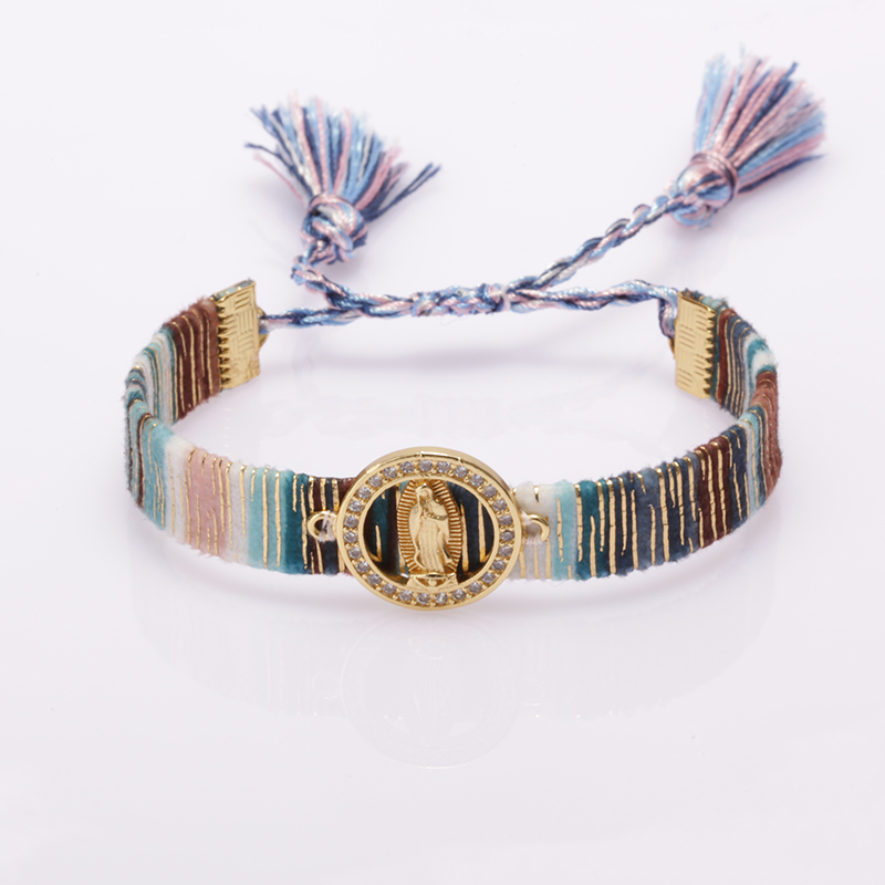

Virgin Mary statue collection Christian religious metal shell charm soft cotton silk wristband adjustable bracelet for woman