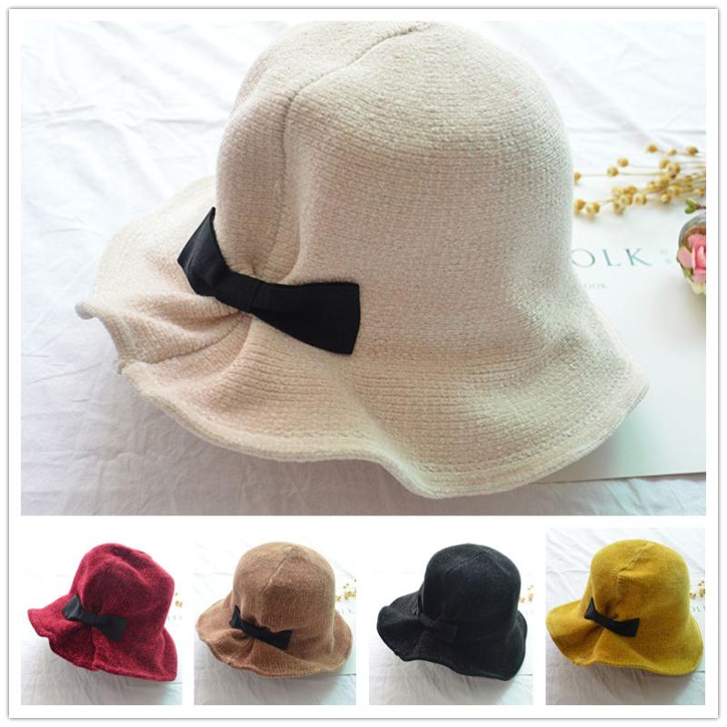 

Trendy Lady Chenille Fisherman Hat Cute Bow Autumn Winter Warm Knitted Hats Female British Women Bucket Basin Hat Students, Black