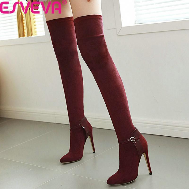 

ESVEVA 2020 Flock Sexy Thin High Heel Autumn Winter Women Shoes Fashion Pointed Toe Buckle Slip on Over The Knee Boots Size34-43, Black