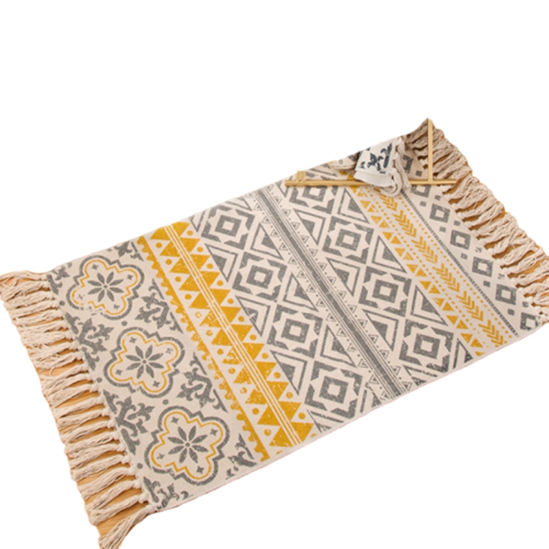 

Carpets Retro Bohemian Hand Woven Cotton Carpet Tassel Bedside Rug Geometric Floor Mat Living Room Bedroom Home Decoration, Yellow