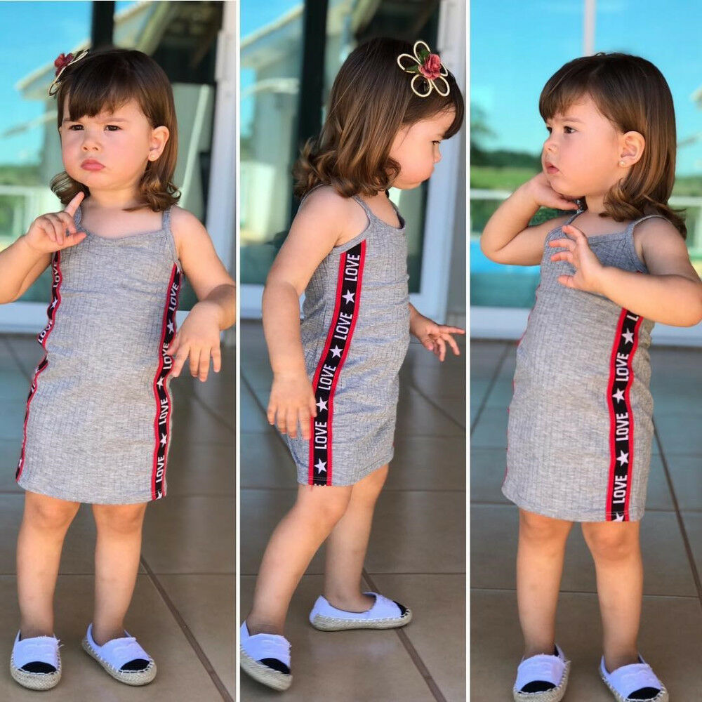 

Fashion Summer Kids Baby Girls Sleeveless Dresses Cotton Party Toddler Kids Children Dress Infant Beach Strap Casual Clothes, Gray