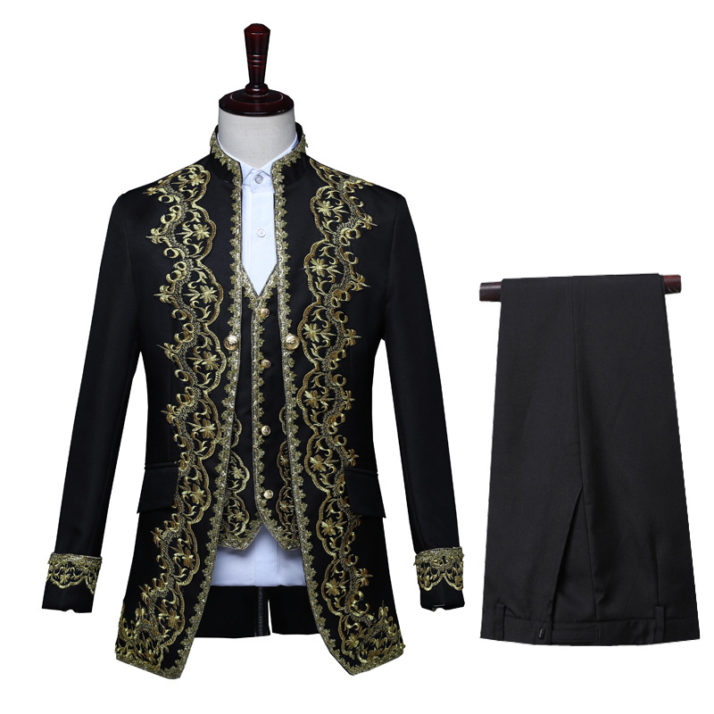 

Mens Classic Black White Three Piece Jacket Vest Pants Embroidery Stage Singer Suits Latest Coat Pant Designs Costume Homme