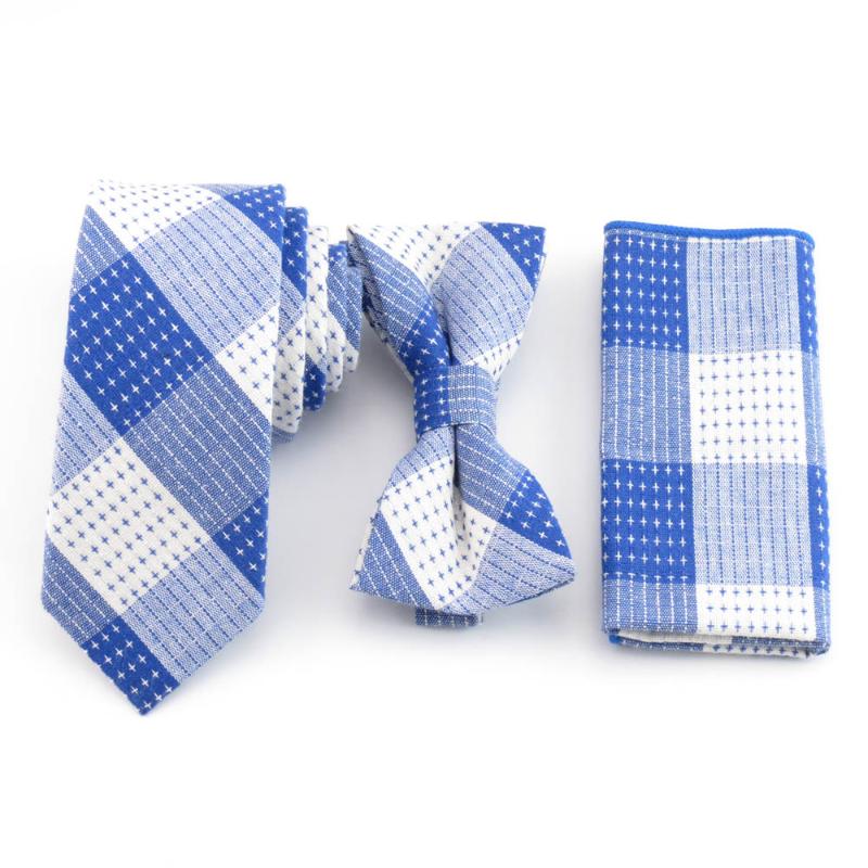 

Men's sapphire white Ties 3 pcs set stars Bowtie and handkerchief cotton Tie Accessories For Men fashion meeting neckties blue