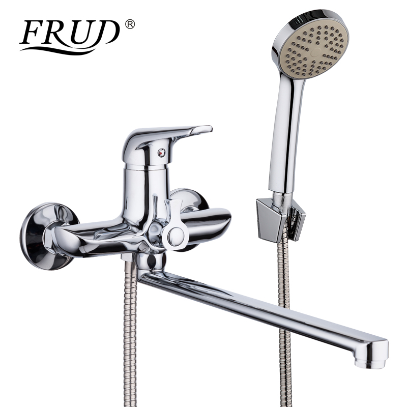

FRUD 1set 35cm Zinc Alloy Outlet Pipe Bathtub Shower Faucet Chrome with Shower Head Bathroom Cold and Hot Water Mixer Tap R22102