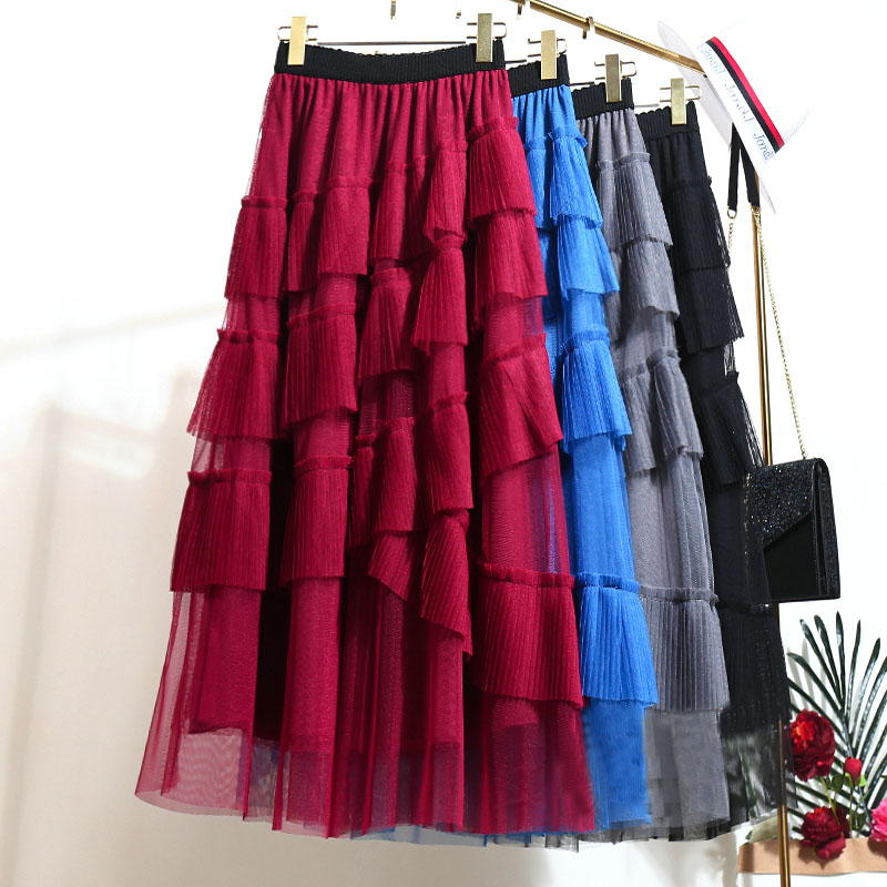 

2020 Spring Sweet Multi Layer Cake Tulle Long Skirt Slanting Tiered A-line Pleated Long Mesh Skirts Burgundy Blue Gray, Black