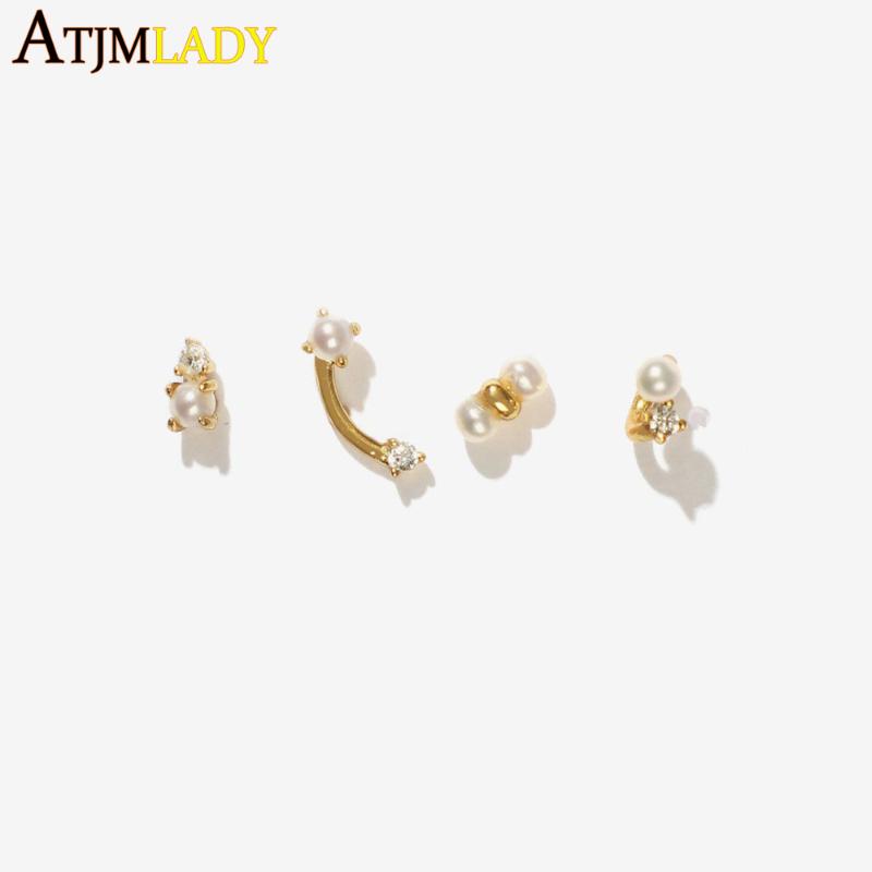

classic Gold filled 4pcs/set Earrings for Woman with white sea fresh pearl Earrings cz studs jewelry wedding party Gift