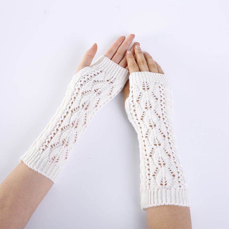 

Women Winter Hollow Out Leaf Crochet Fingerless Gloves Ribbed Knit Trim Arm Warmers Solid Color Stretchy Mittens with Thumbhole
