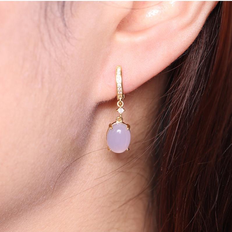 

925 sterling silver earring Synthetic jade oval zircon short pendant long earring Stylish sweet temperament female ear jewelry