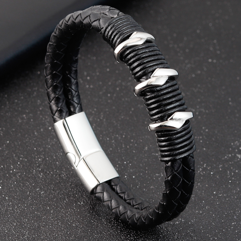 

Special Geometric Pattern Stainless Steel Accessories Stripe Design Combination Men's Leather Black Bracelet Commemorative Gift