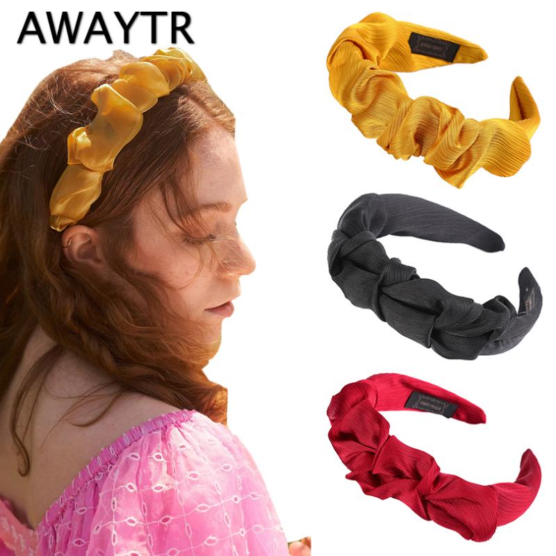 

AWAYTR Fashion Pleated Solid Color Headband Satin Bezel New Turban for Women Wide Size Hairbands Girls Accessories Hair Hoop