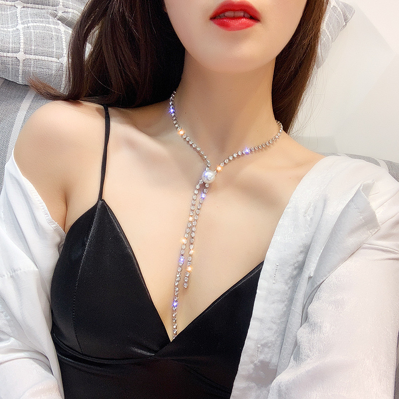 

Super Pearl tassels Shining Rhinestone fashion chokers necklaces for women simple Office career Jewellery crystal 1pcs wholesale