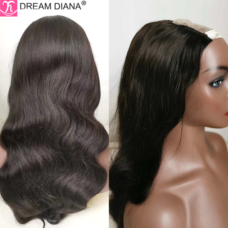 

DreamDiana Brazilian Hair Body Wave U Part Lace Wig 100% Remy Human Hair U Part Lace Wig Natural Black 10"-32" Long M, Sraight