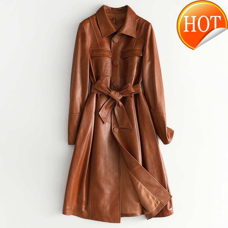 

Vintage 2020 New Genuine Leather Jacket Women 100% Sheepskin Coat Female Long Spring Autumn Real Leather Jackets Windbreaker 176, Champagne