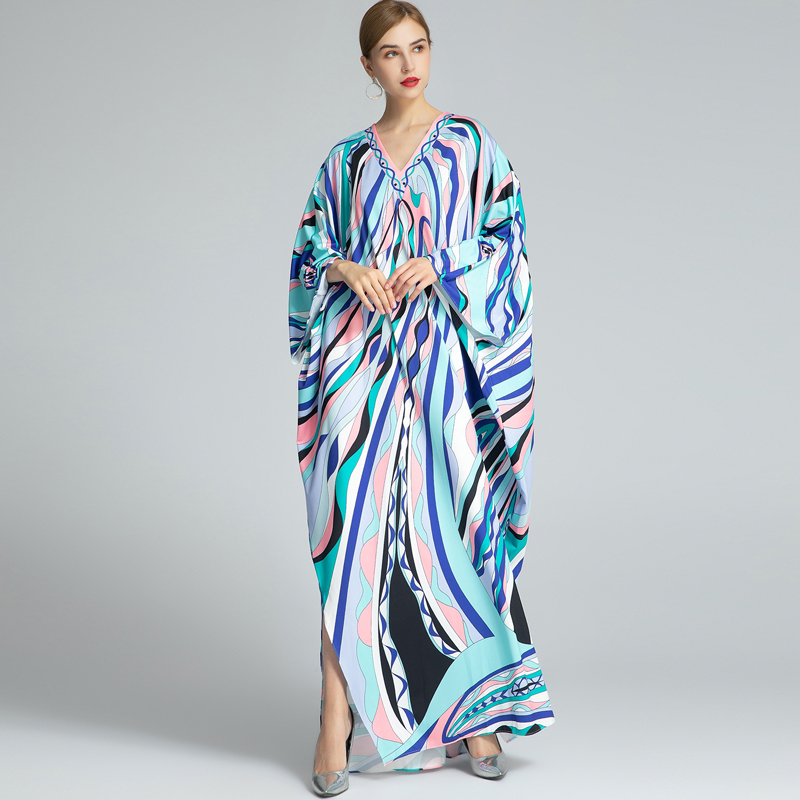 

Women' Runway Dresses Sexy V Neck Batwing Sleeves Printed Knitted Loose Design Long Spit Fashion Dresses, Blue