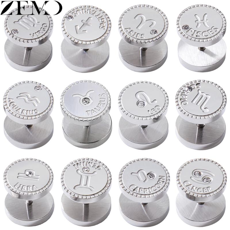

ZEMO Women's Double Solid 12 Constellation Studs Earrings 316L Stainless Steel Ear Studs Fake Plugs Men's Punk Rock Roll Jewelry