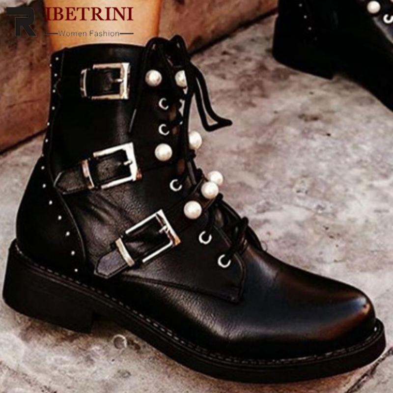 

RIBETRINI Ins Wholesale Pearl Buckle Low Heel Ankle Shoes Women Punk Platform Fashion Boots Zipper Autumn Boots, Black
