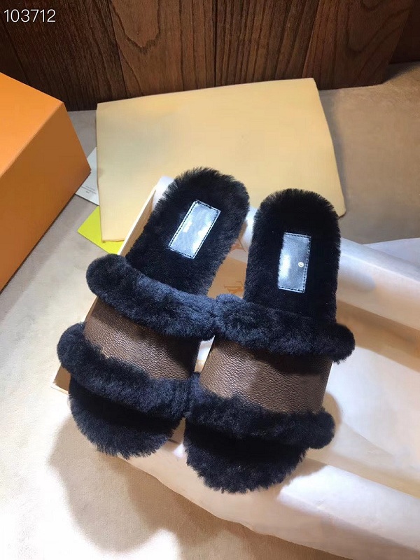 

New Lock It Flat Mule Women Slippers Drivers Sandals Slides Cognac Brown softness Sneakers fluffy fur Slipper Real leather Shoes with box, Black