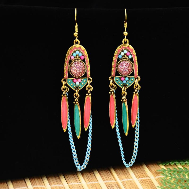 

Vintage Ethnic colorful bead Long leaves link Dangle Drop Earrings for Women Female Wedding Gpysy Jewelry Accessories