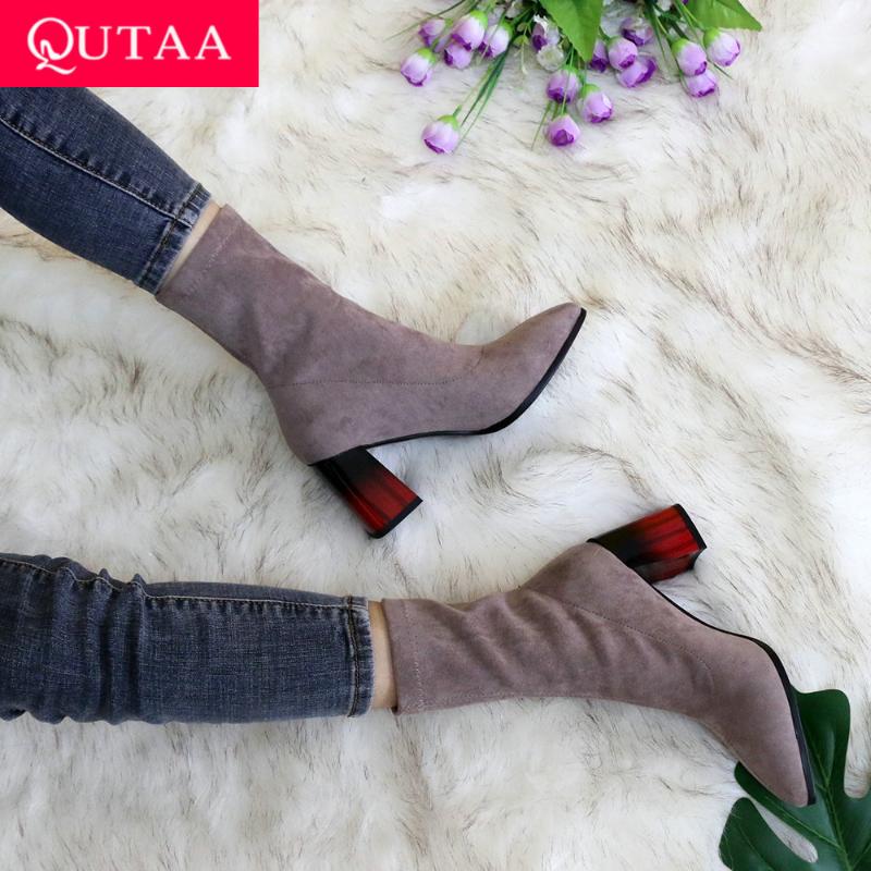 

QUTAA 2021 Flock Square High Heel Women Boots Autumn Winter Women Shoes Sexy Pointed Toe Fashion Ankle Boots Big Size 34-43, Black