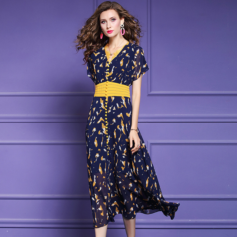 

Long party dress 2020 NEW High quality fashion Women Holiday gorgeous Cute summer Dress Printed chiffon Vintage Print dresses, Black