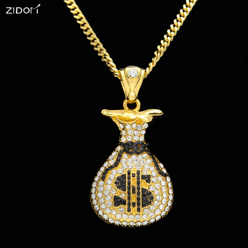 

Gold silver color iced out Dollars Purse Pendant necklaces Men hip hop bling bling 70cm long cuban link chain necklace jewelry