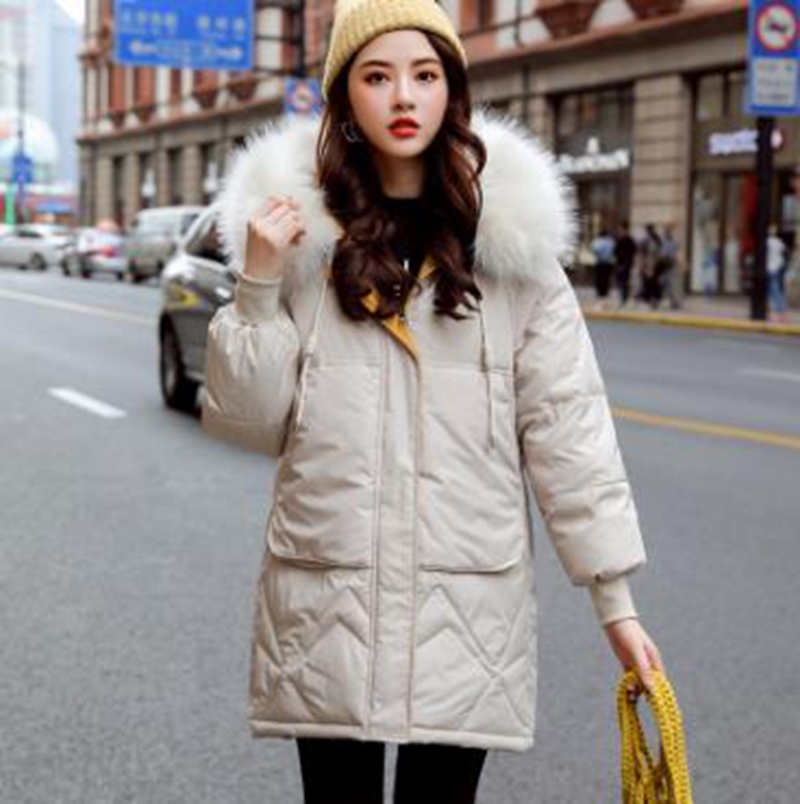

Wholesale new winter women's loose mid-length large fur collar thickening fashion down padded jacket, Bean paste